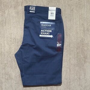 NWT Haggar Action Khaki Dress Pants Men's 42x32 Khaki Blue Straight Fit Stretch